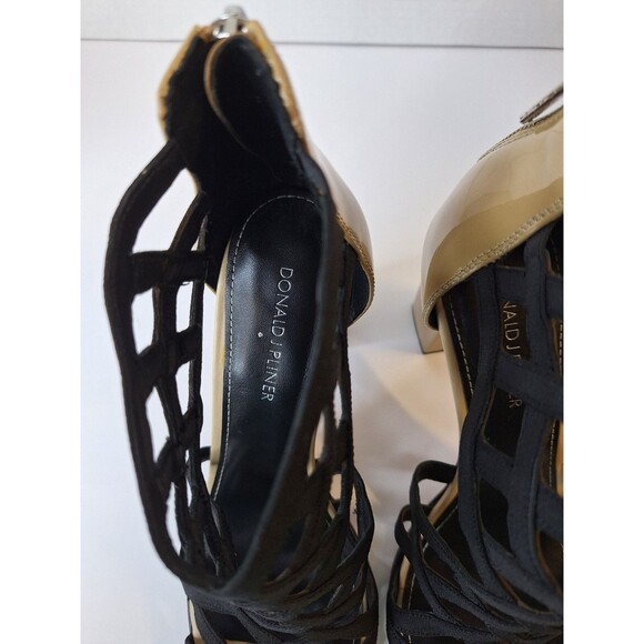 DONALD J PLINER Leather Caged Chunky Heels Sz 9.5M Black/Tan Zip Party Office - Picture 7 of 12